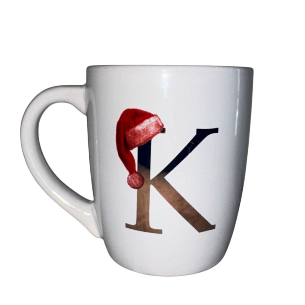 Monogram Holiday White Ceramic Mug K With Santa Hat & "Ho Ho Ho" Text
